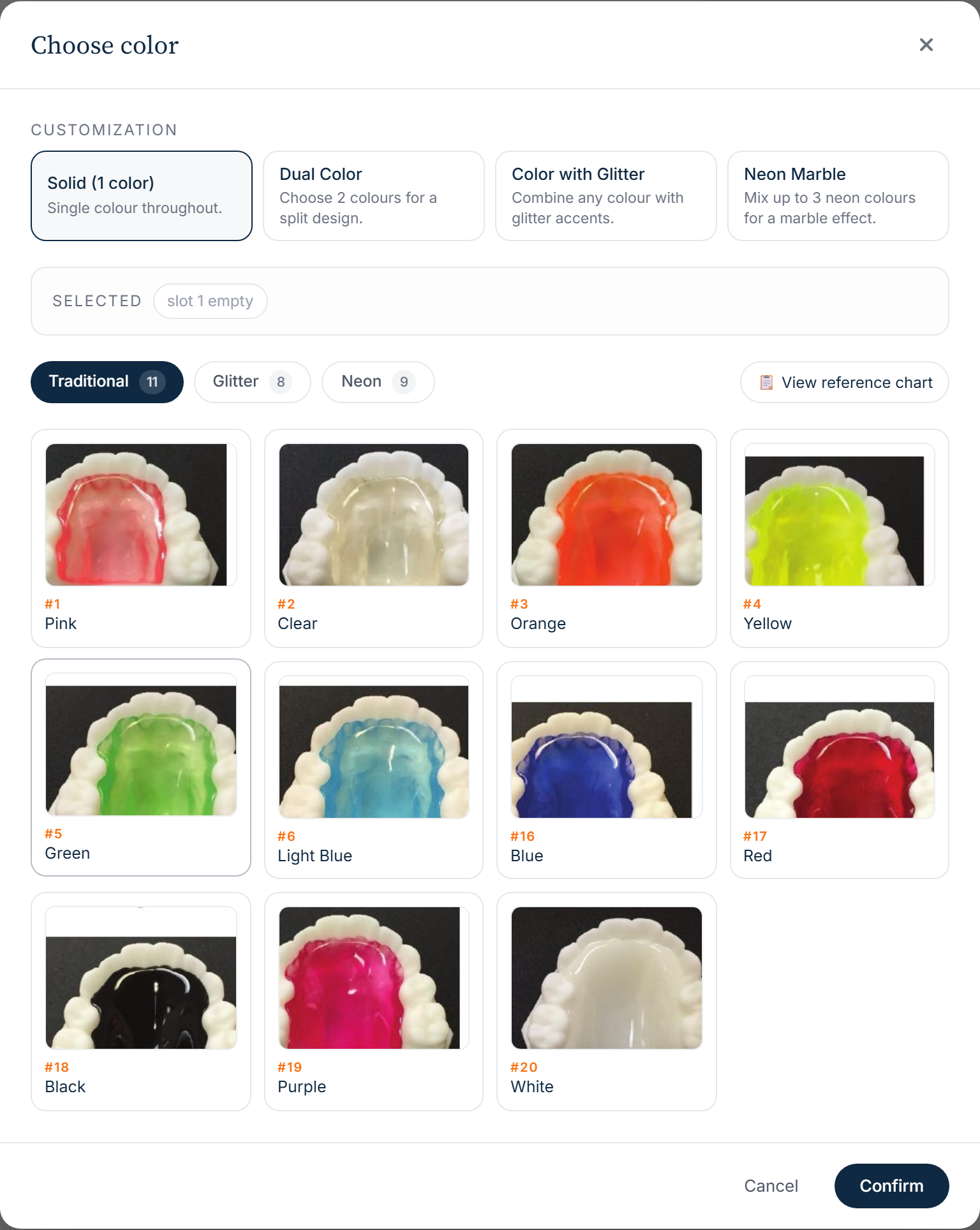 Colour picker — 28 retainer colours across traditional, glitter, and neon finishes