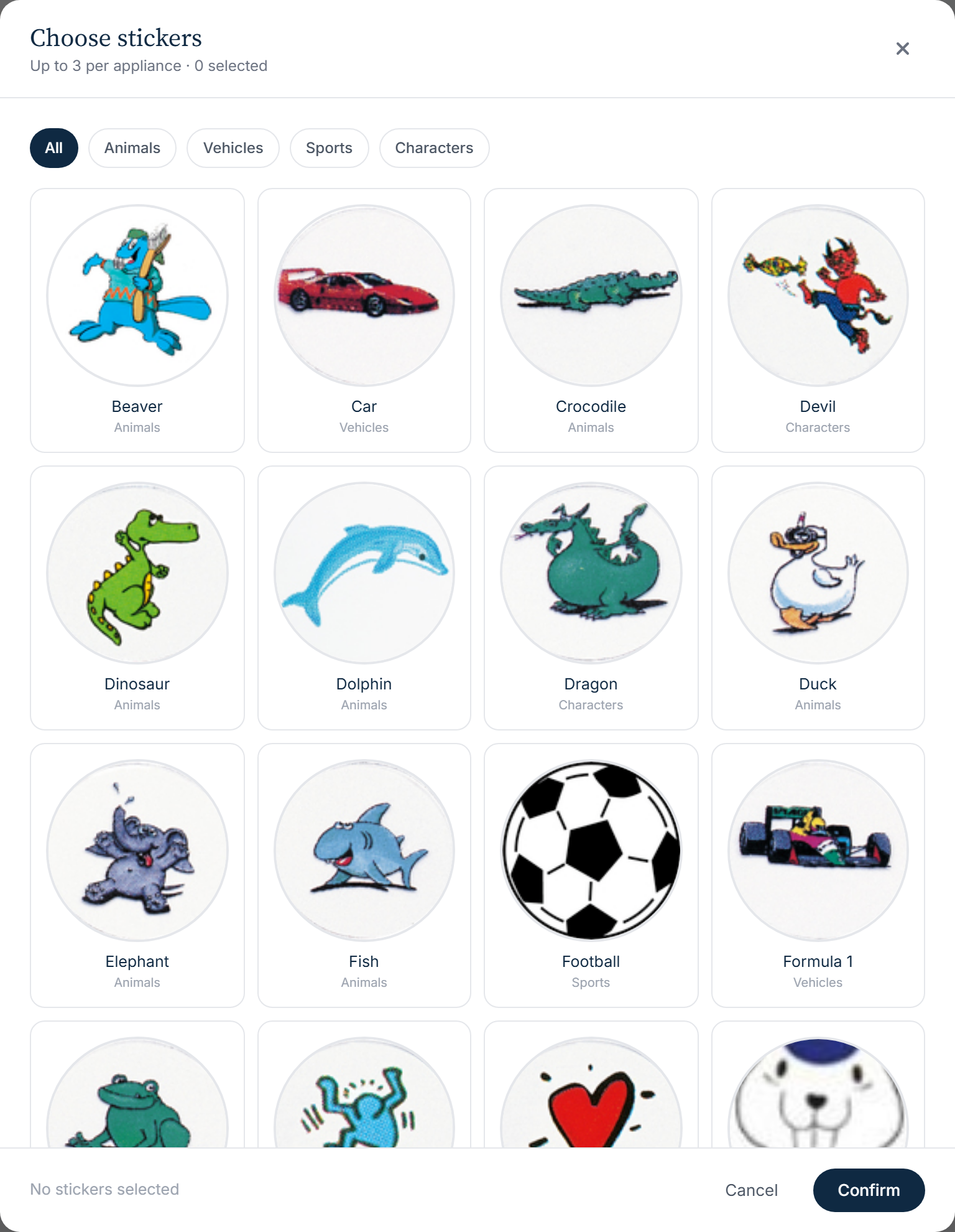Sticker gallery — choose from 29 stickers across animals, vehicles, sports, and characters