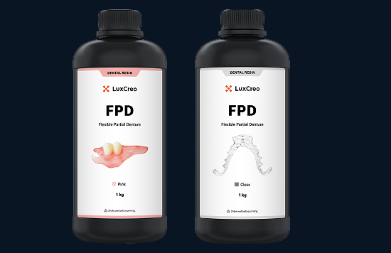 LuxCreo FPD flexible partial denture resin in Pink and Clear